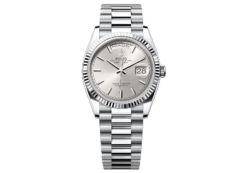 watches with high water resistance for swimming and diving-Rolex Day-Date 36mm 128236 Platinum President Silver Dial