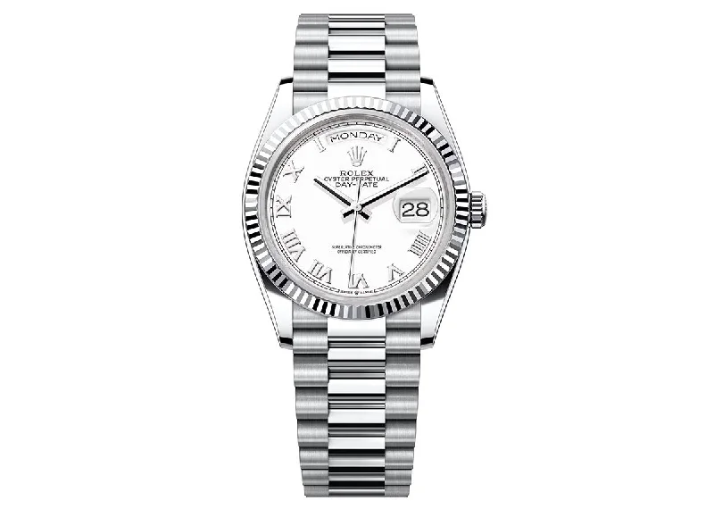 luxury watches with gold plating and unique design-Rolex Day-Date 36mm 128236 Platinum President White Roman Dial