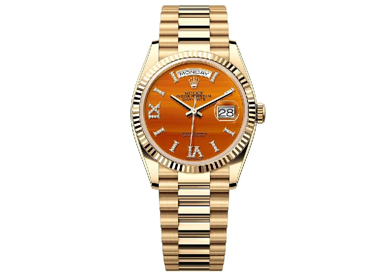 affordable women’s watches with leather strap-Rolex Day-Date 36mm 128238 Yellow Gold President Carnelian Diamond Set Dial