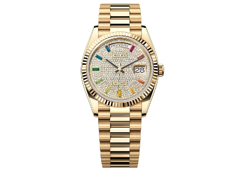 fitness watches with GPS and route tracking-Rolex Day-Date 36mm 128238 Yellow Gold President Diamond-Paved Dial