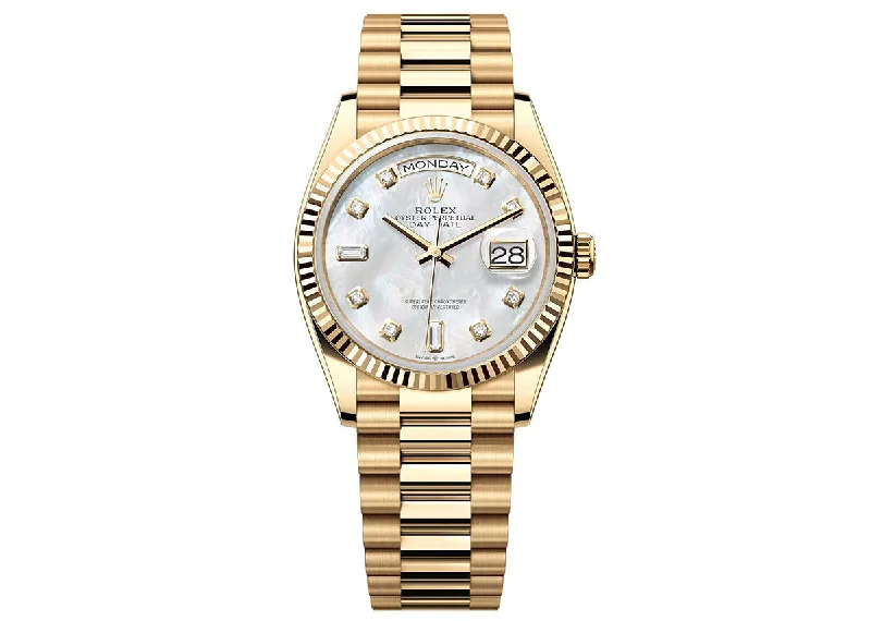 watches for outdoor adventures with barometer-Rolex Day-Date 36mm 128238 Yellow Gold President Mother of Pearl Diamond Dial