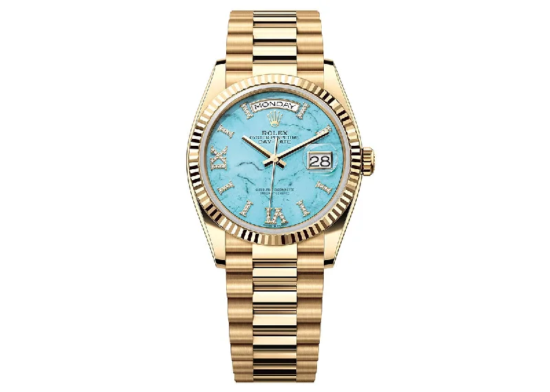 watches with ceramic case for scratch resistance-Rolex Day-Date 36mm 128238 Yellow Gold President Turquoise Diamond Dial