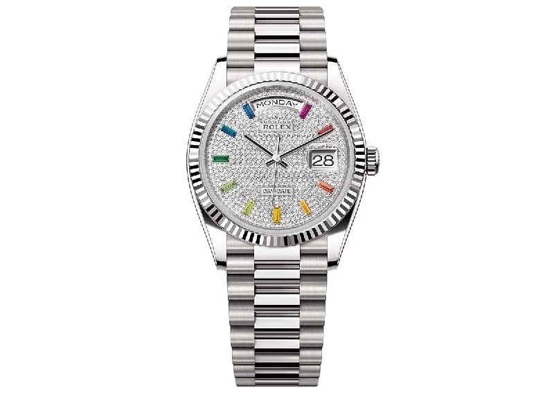 waterproof watches for boating and water sports-Rolex Day-Date 36mm 128239 White Gold President Diamond-Paved Dial