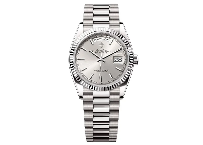 watches for men with oversized faces for bold style-Rolex Day-Date 36mm 128239 White Gold President Silver Dial