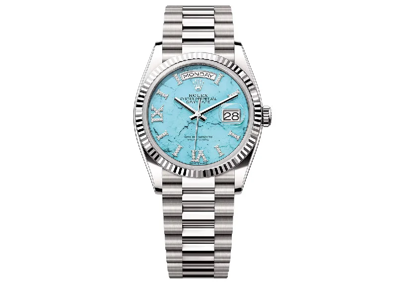 classic timepieces for men with Swiss movement-Rolex Day-Date 36mm 128239 White Gold President Turquoise Diamond Dial