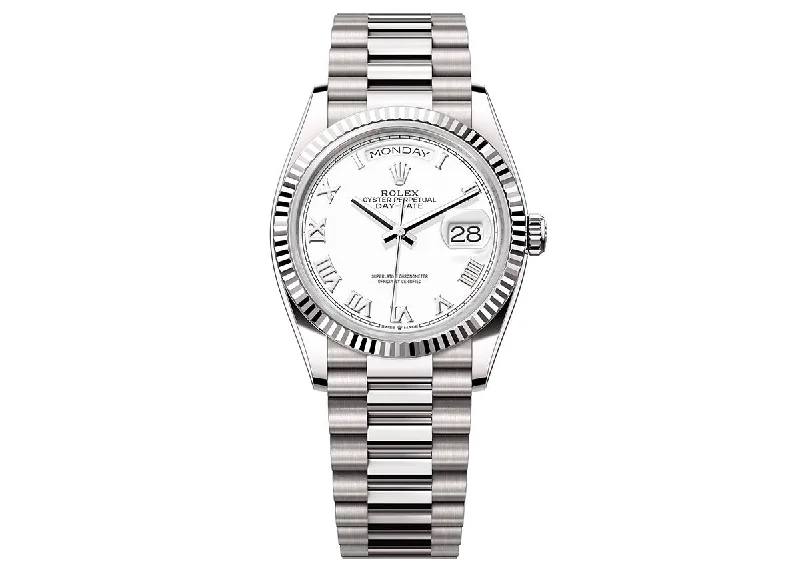 women’s sport watches with built-in fitness features-Rolex Day-Date 36mm 128239 White Gold President White Roman Dial