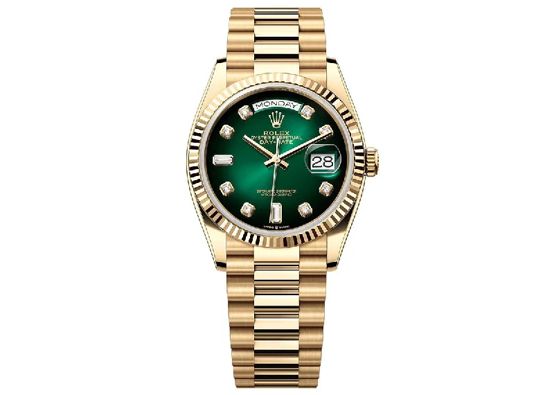 luxury watches with precision quartz movement-Rolex Day-Date 36mm 228238 Yellow Gold President Green Ombre Diamond Dial