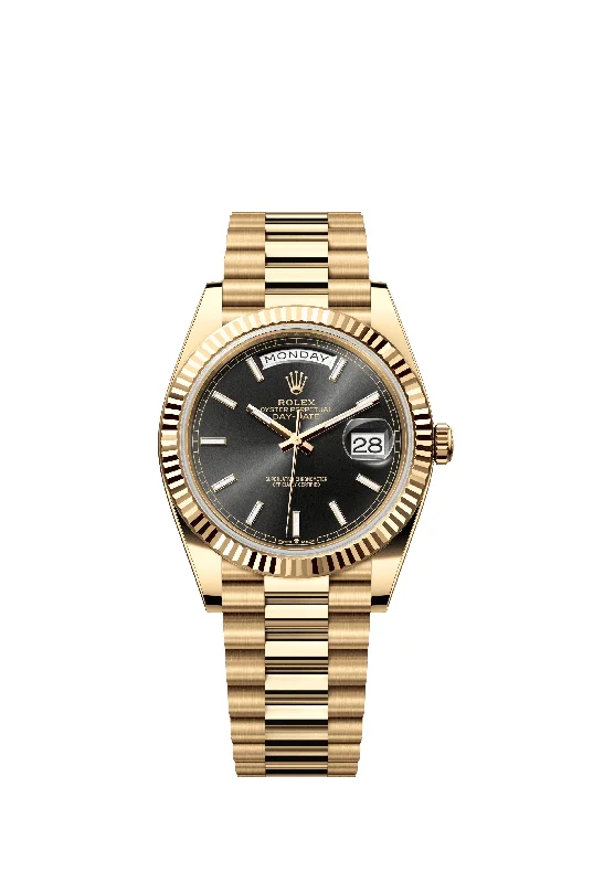 watches for travelers with world time display-Rolex Day-Date 40 mm 228238 President Fluted Black Dial