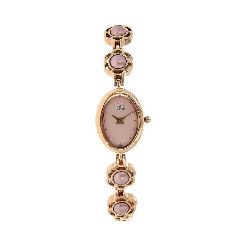 watches with moon phase display for collectors-TITAN Raga Aurora Pink Oval Dial Metal Strap Women Watch NP2511WM07