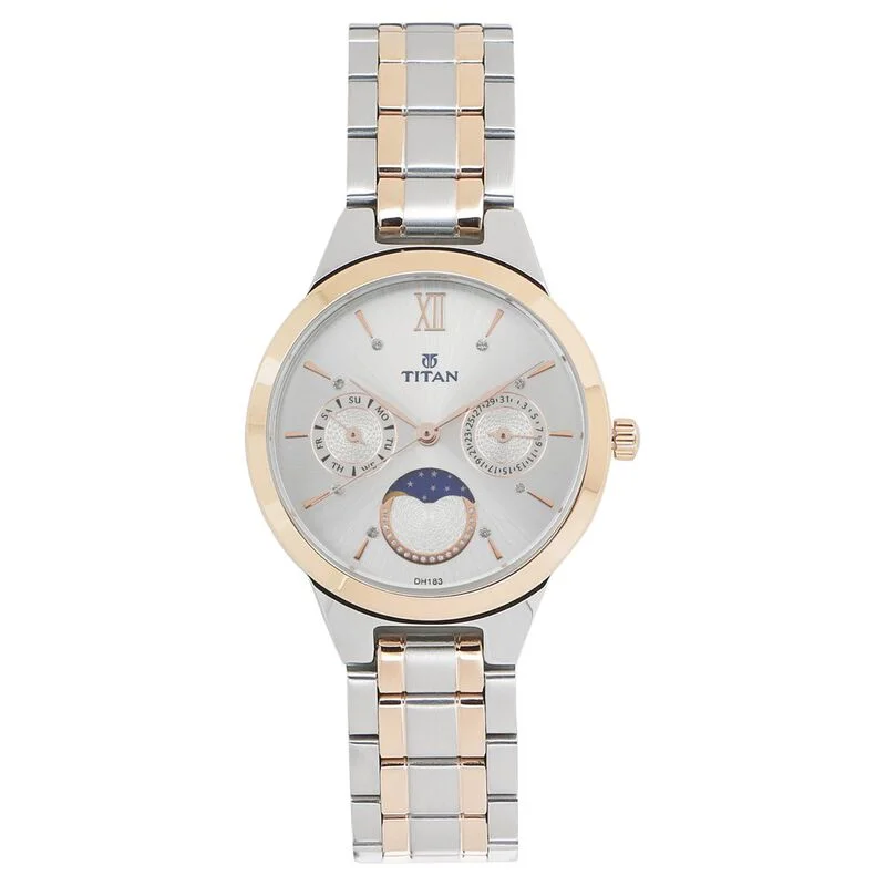 durable outdoor watches with shock resistance-Titan Women's Elegance Moon Phase Two-Tone White Dial Watch