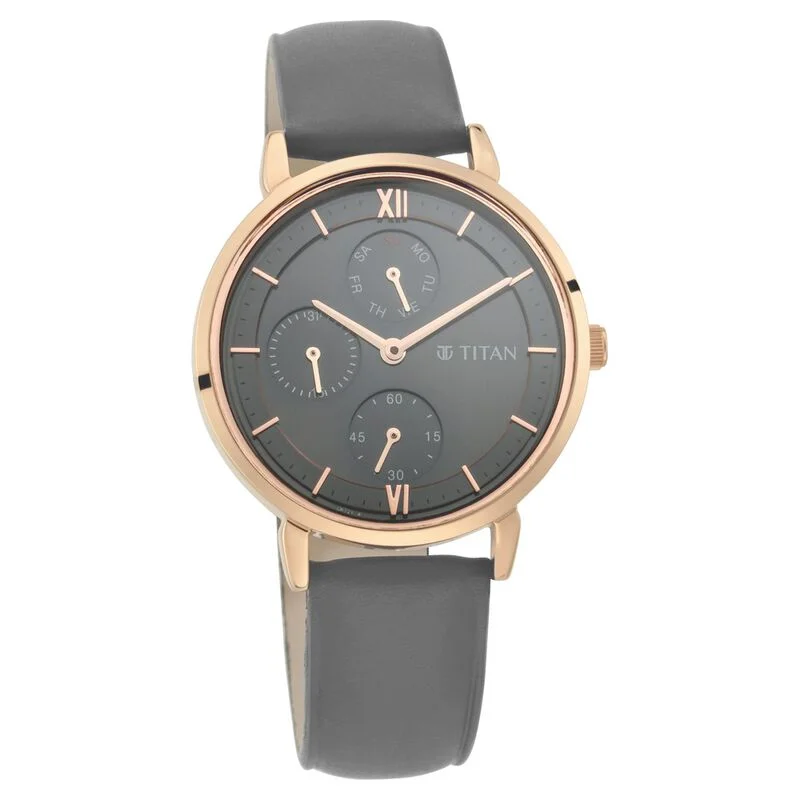 eco-friendly watches with sustainable materials-Titan Women's Regal: Roman Numeral Grey Dial & Laeather Strap Watch