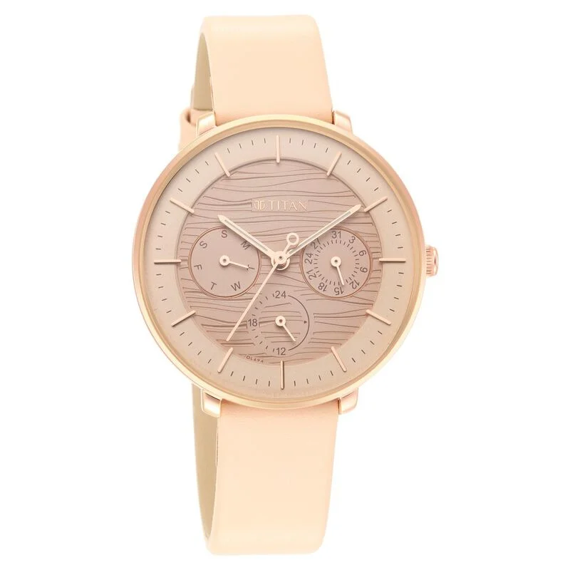 women’s watches with rose gold detailing-Titan Women's Svelte Rose Gold: Multi-Function Watch With Leather Strap