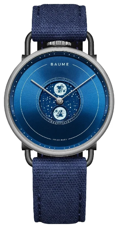 watches for travelers with world time display-Baume & Mercier Baume Stainless Steel Blue Dial Blue Cotton Strap Moonphase Quartz Mens Watch M0A10637