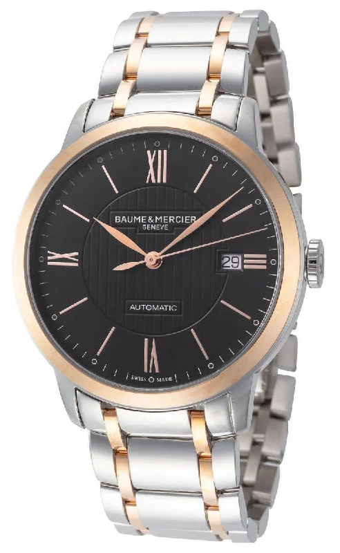 classic leather band watches for everyday use-Baume & Mercier Classima Automatic Stainless Steel & 18K Rose Gold Black Dial Date Mens Watch M0A10293