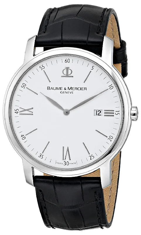 hybrid watches for fitness tracking and stylish wear-Baume & Mercier Classima Stainless Steel White Dial Black Leather Strap Date Quartz Mens Watch M0A08485