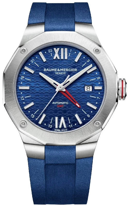 best fitness watches for tracking daily activity-Baume & Mercier Riviera Automatic GMT Stainless Steel Blue Dial Blue Rubber Strap Date Mens Watch M0A10659