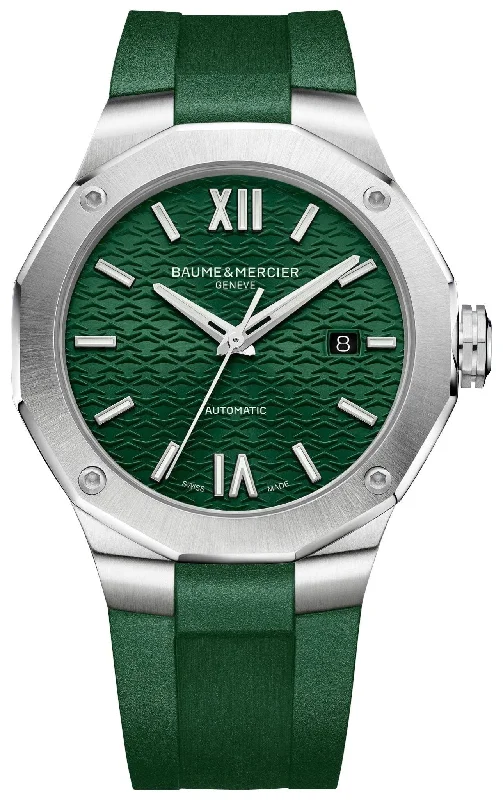 best diving watches with depth gauge for professionals-Baume & Mercier Riviera Automatic Stainless Steel Green Dial Green Rubber Strap Date Mens Watch M0A10618