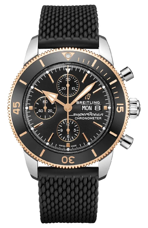 watches for women with elegant leather bands and small face-Breitling Superocean Heritage Automatic Chronometer Chronograph Stainless Steel & 18k Rose Gold Black Dial Black Rubber Strap Day/Date Divers Mens Watch U13313121B1S1