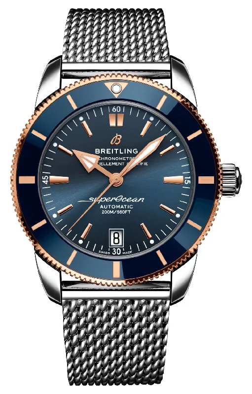 watches with GPS and heart rate sensor for athletes-Breitling Superocean Heritage Automatic Chronometer Stainless Steel & 18k Rose Gold Blue Dial Date Divers Mens Watch UB2010161C1A1