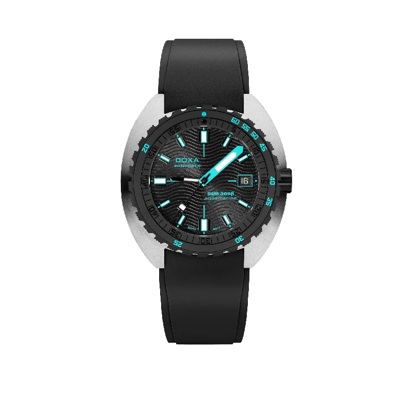 watches with built-in GPS and route tracking for hiking-DOXA SUB 300 Aquamarine Beta, Rubber Black