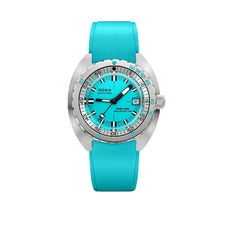 watches for sports enthusiasts with chronograph function-DOXA SUB 300 Aquamarine, rubber strap