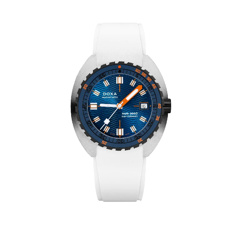 fitness watches with GPS and route tracking-DOXA SUB 300 Caribbean Beta, Rubber White