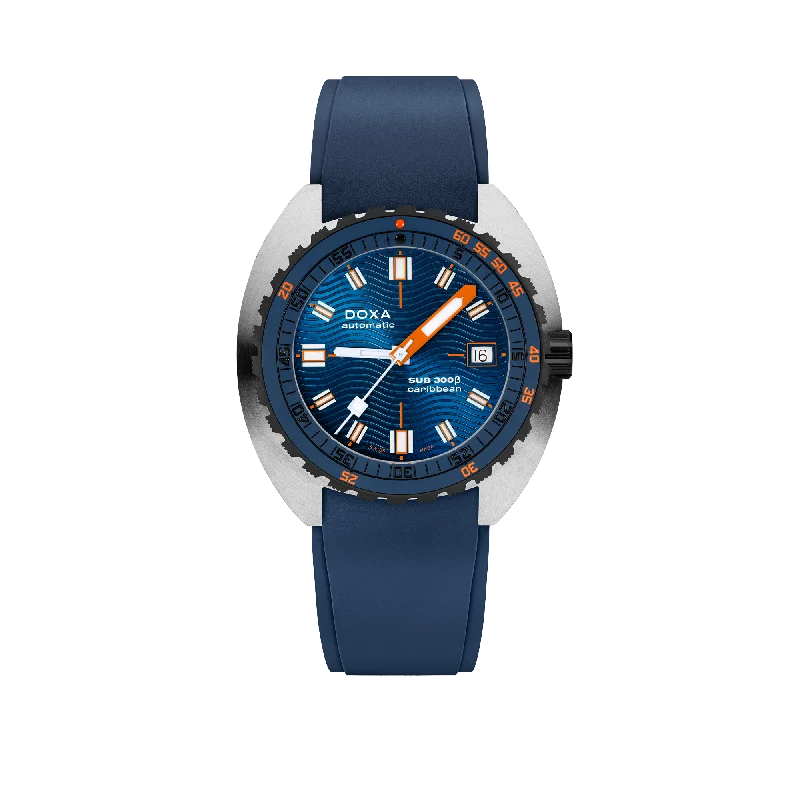 customizable women’s watches with color straps-DOXA SUB 300 Caribbean Beta, Rubber Navy blue