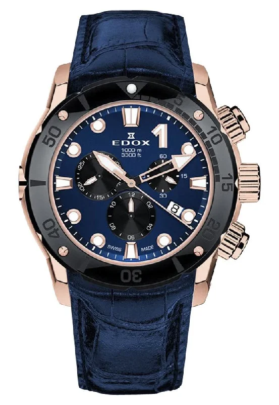 watches for women with elegant leather bands and small face-Edox CO-1 Chronograph Rose Gold PVD Titanium Blue Dial Blue Leather Strap Date Divers Quartz Mens Watch 10242-TINR-BUIRN