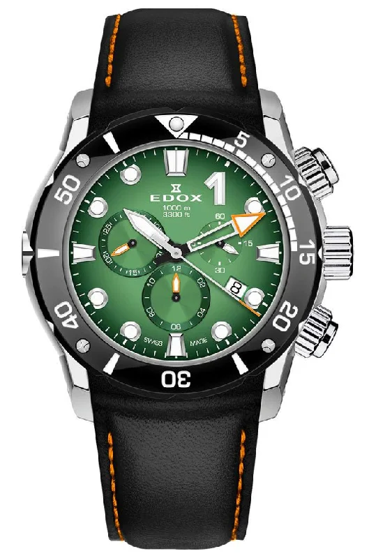 waterproof sport watches with sapphire crystal-Edox CO-1 Chronograph Titanium Green Dial Black Leather Strap Date Divers Quartz Mens Watch 10242-TIN-VIN