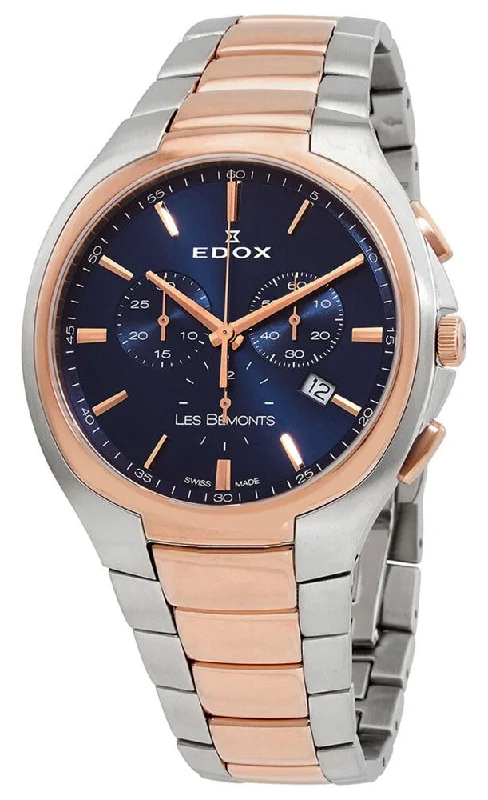 watches for men with silicone strap for comfort and durability-Edox Les Bemonts Chronograph Ultra Slim Two-Tone Stainless Steel Blue Dial Date Quartz Mens Watch 10239-357R-BUIR