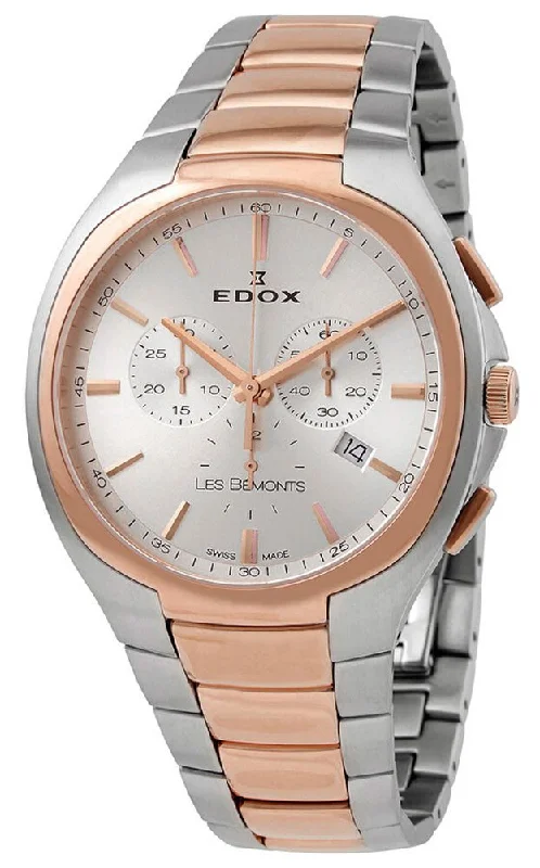 hybrid fitness trackers with activity and heart rate tracking-Edox Les Bemonts Chronograph Ultra Slim Two-Tone Stainless Steel Silver Dial Date Quartz Mens Watch 10239-357R-AIR