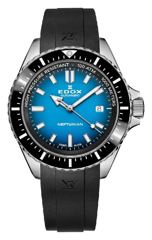 classic timepieces for men with automatic movement-Edox Skydiver Neptunian Automatic Stainless Steel Blue Dial Black Rubber Strap Date Divers Mens Watch 80120-3NCA-BUIDN