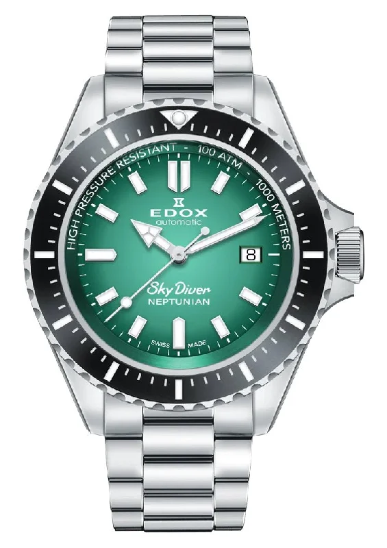 watches with stainless steel and ceramic for modern appeal-Edox Skydiver Neptunian Automatic Stainless Steel Green Dial Date Divers Mens Watch 80120-3NM-VDN