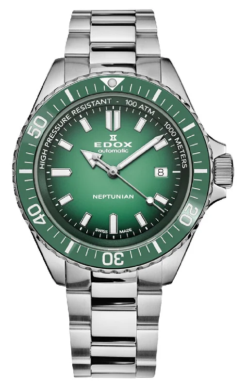 best watches for casual work attire and everyday wear-Edox Neptunian Automatic Stainless Steel Green Dial Date Divers Mens Watch 80120-3VM-VDN1