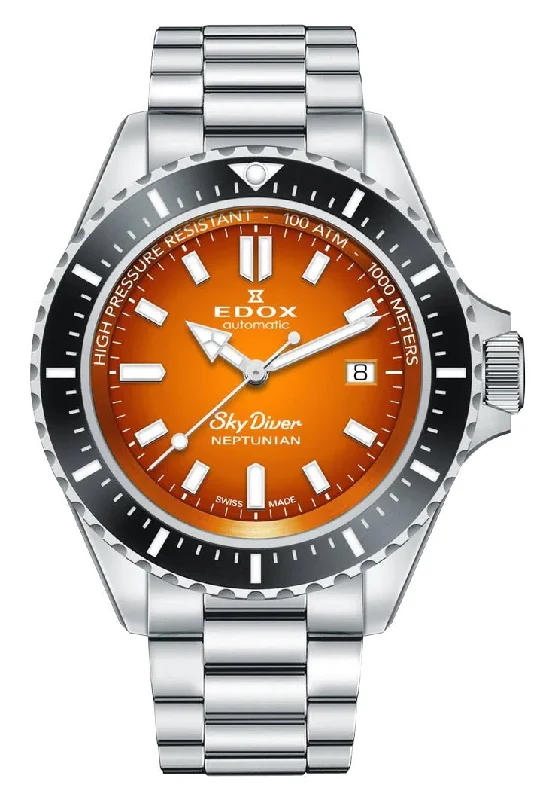 luxury men’s watches with signature craftsmanship-Edox Skydiver Neptunian Automatic Stainless Steel Orange Dial Date Divers Mens Watch 80120-3NM-ODN