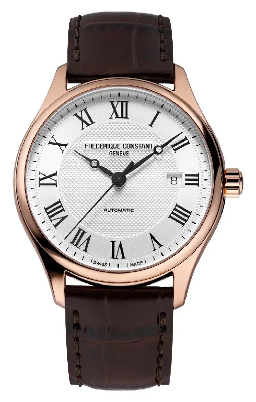 watches for men with titanium case for lightweight wear-Frederique Constant Classics Automatic Rose Gold PVD Silver Dial Brown Leather Strap Date Mens Watch FC-303MC5B4