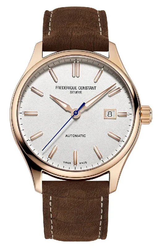 hybrid smartwatches for sports and everyday use-Frederique Constant Classics Index Automatic Rose Gold PVD Silver Dial Brown Leather Strap Date Mens Watch FC-303NV5B4