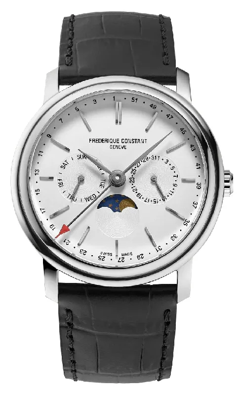 watches with date and time zone features for global travelers-Frederique Constant Classics Index Business Timer Stainless Steel Silver Dial Black Leather Strap Day/Date/Week Moonphase Quartz Mens Watch FC-270SW4P26