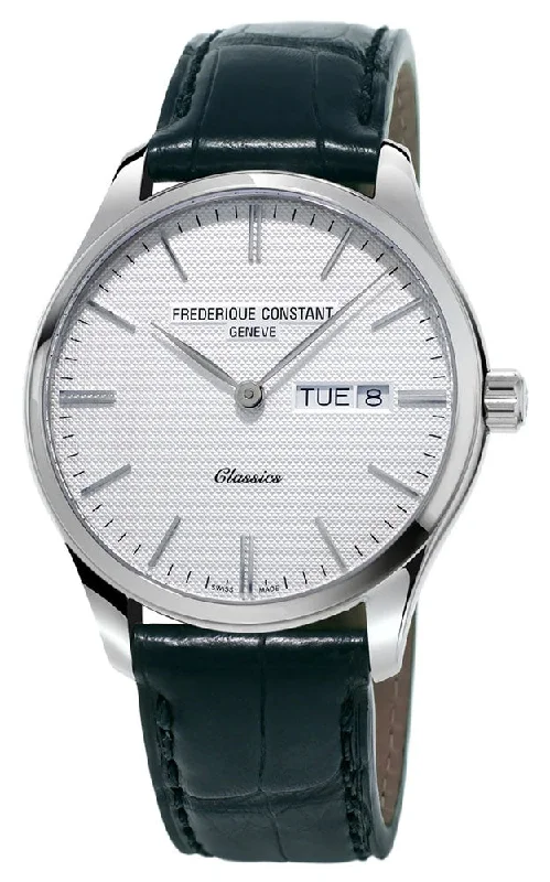 customizable watches with engraved names-Frederique Constant Classics Stainless Steel Silver Dial Black Leather Strap Day/Date Quartz Mens Watch FC-225ST5B6