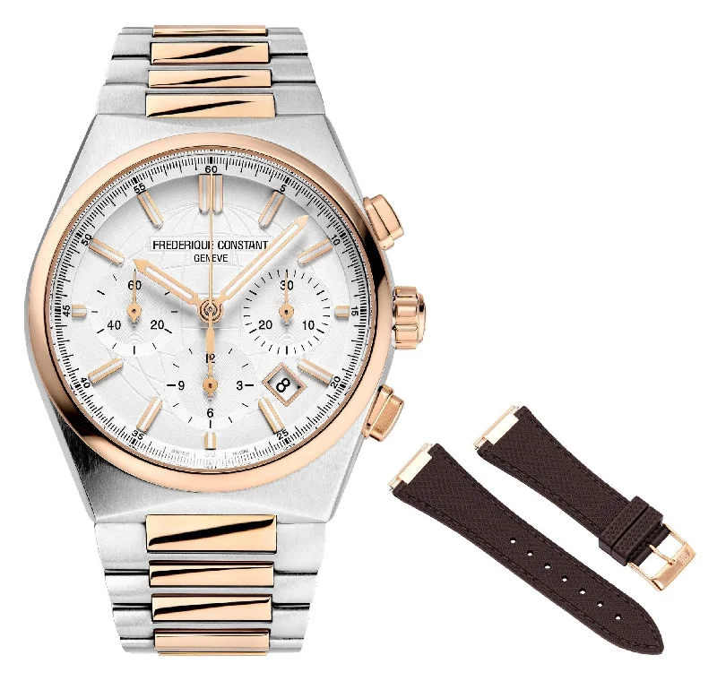 affordable fitness trackers with customizable features-Frederique Constant Highlife Automatic Chronograph Two-Tone Stainless Steel Silver Dial Interchangeable Brown Rubber Strap Date Mens Watch FC-391V4NH2B