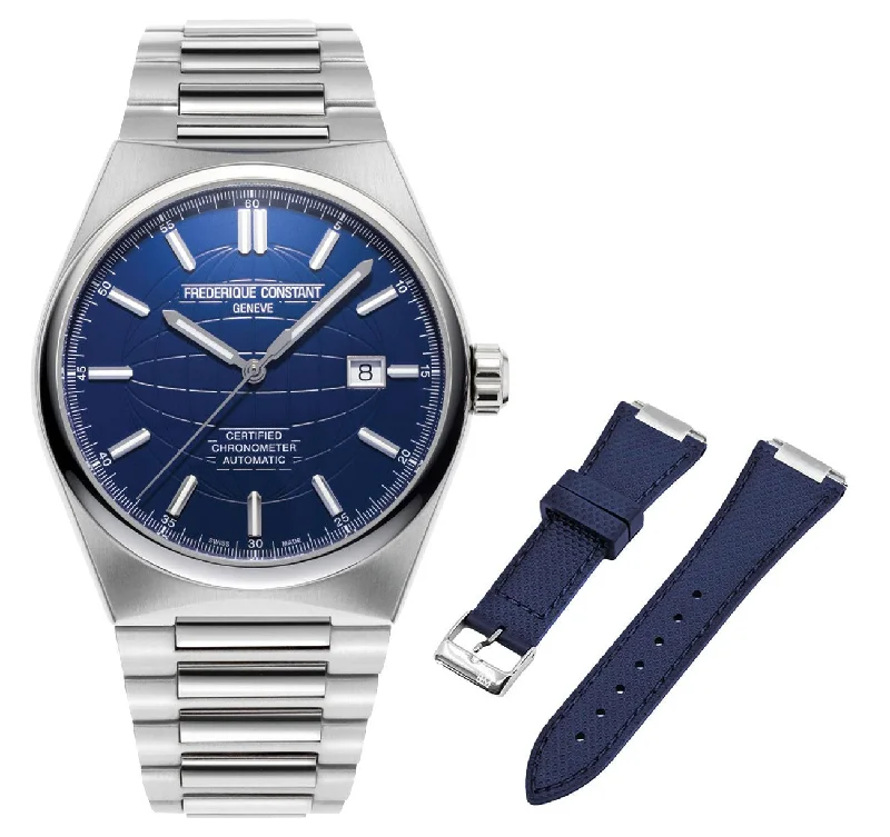 best men’s watches with digital and analog display-Frederique Constant Highlife COSC Automatic Stainless Steel Blue Dial Interchangeable Blue Rubber Strap Date Mens Watch FC-303N4NH6B