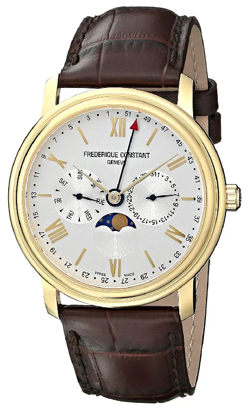 best diving watches for beginners with clear dials-Frederique Constant Persuasion Classics Business Timer Yellow Gold Plated Steel Silver Dial Brown Leather Moonphase Day/Date Quartz Mens Watch FC-270SW4P5