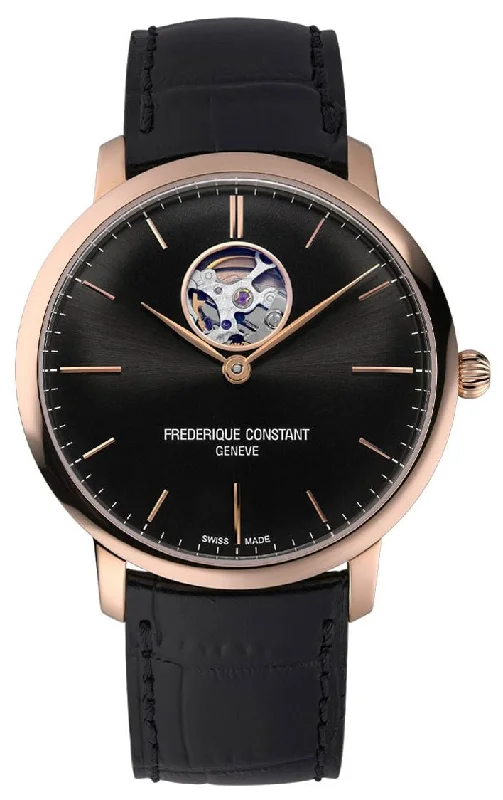 high-tech watches with built-in Bluetooth and fitness apps-Frederique Constant Slimline Heart Beat Automatic Rose Gold Tone Steel Black Dial Black Leather Strap Mens Watch FC-312B4S4