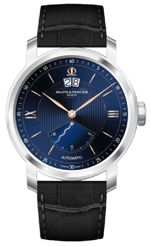 durable and stylish watches for men with sporty look-Limited Edition Baume & Mercier Classima Automatic Stainless Steel Blue Dial Black Leather Strap Retrograde Seconds Date Mens Watch M0A10188