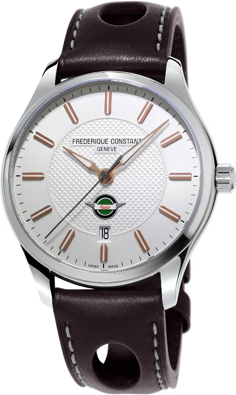 watches for outdoor sports with built-in altimeter and barometer-Limited Edition Frederique Constant Vintage Rally Healey Automatic Stainless Steel Silver Dial Brown Leather Strap Date Mens Watch FC-303HV5B6