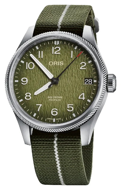 affordable women’s watches with leather strap-Limited Edition Oris ProPilot Okavango Air Rescue Automatic Green Dial Green Textile Interchangeable Brown Leather Strap Date Mens Watch 751 7761 4187-Set