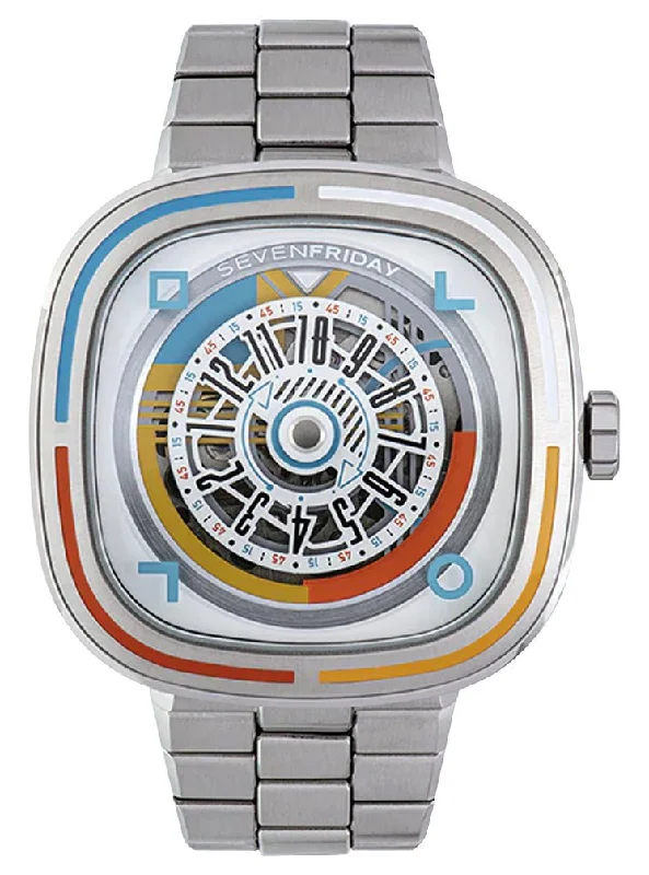 watches with GPS and heart rate sensor for athletes-Limited Edition SEVENFRIDAY T-Series Bauhaus Inspired Automatic Stainless Steel White Skeleton Dial Mens Watch T1/08