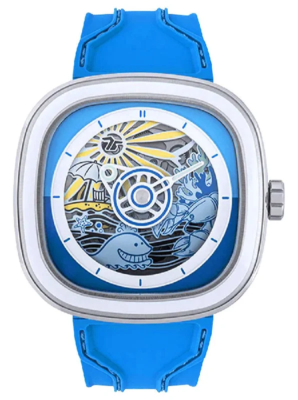 classic timepieces for men with automatic movement-Limited Edition SEVENFRIDAY T-Series Beach Club Automatic Stainless Steel Blue Skeleton Dial Blue Silicone Strap Mens Watch T1/09