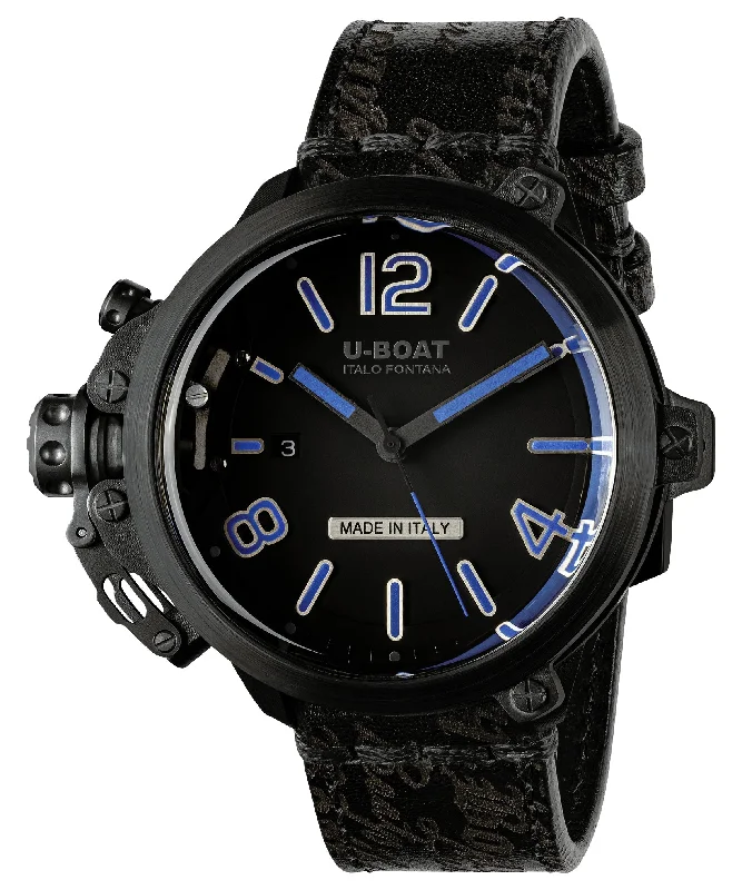 watches with moonphase display for sophisticated style-Limited Edition U-Boat Capsule Automatic Black PVD Black Dial Black Leather Strap Date Mens Watch 8806