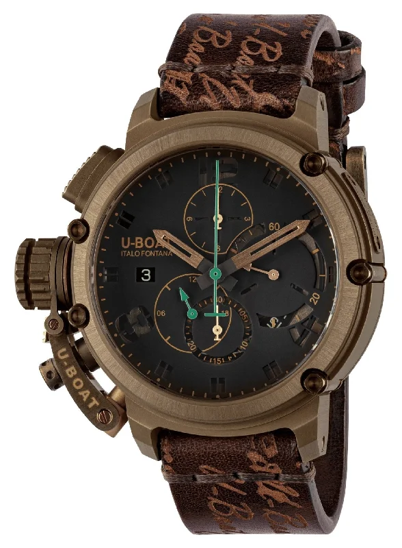 digital watches with backlight for night use-Limited Edition U-Boat Chimera Automatic Chronograph Bronze Dark Brown Dial Brown Leather Strap Date Mens Watch 8526